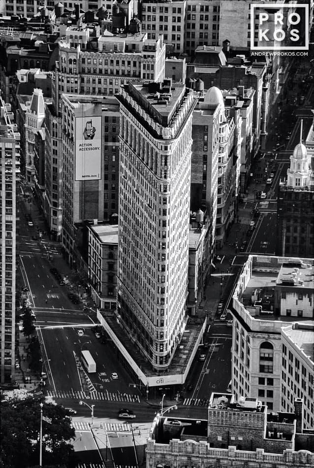 Fine art black and white aerial photograph of the Flatiron Building wedge in Manhattan
